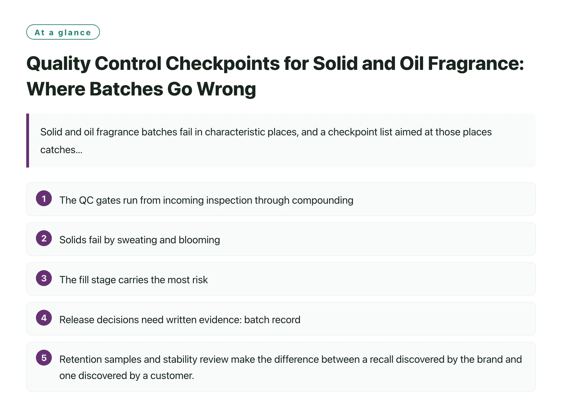 Quality Control Checkpoints for Solid and Oil Fragrance: Where Batches Go Wrong——全文要点速览